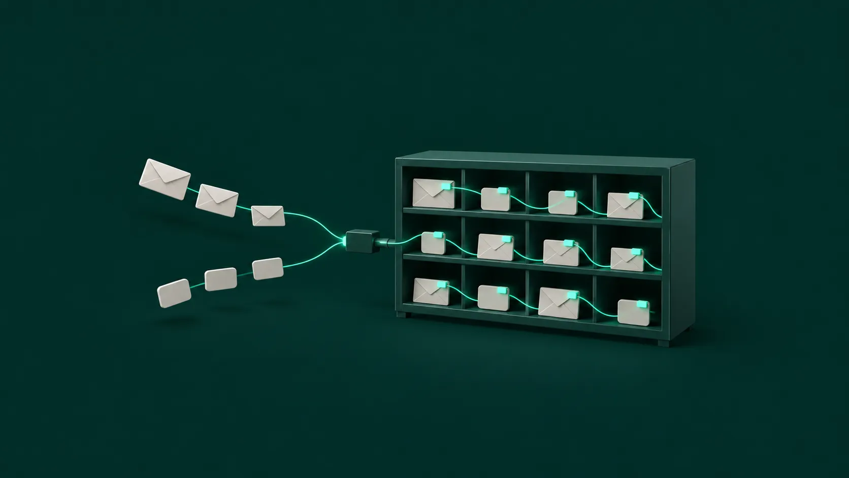 On a dark green background, two streams of blank envelopes and message cards flow into a small box, then split into a multi-slot sorting cabinet; each card carries a small glowing green tag