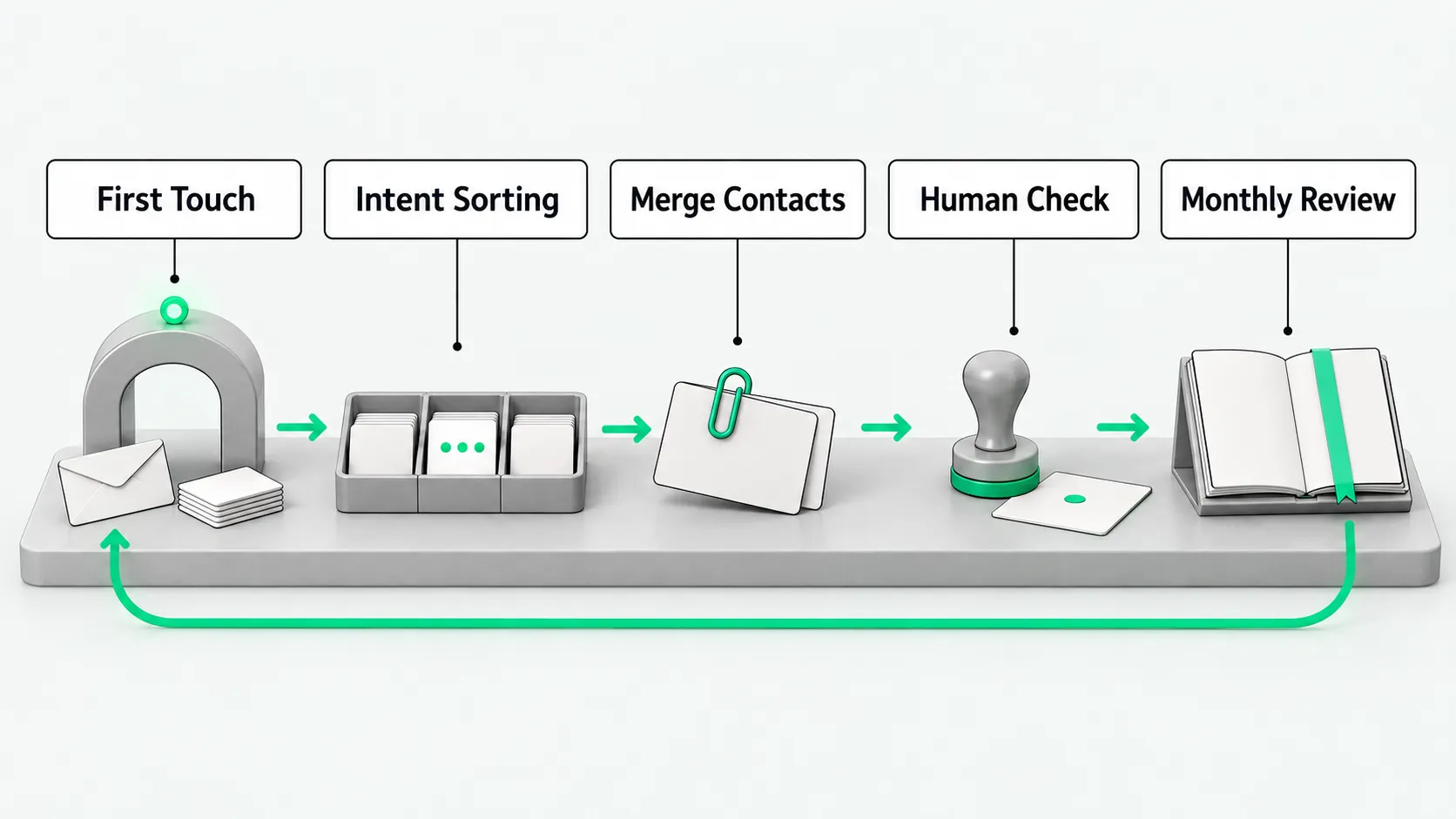 A tabletop with five stations from left to right joined by green arrows: an entry gate with an envelope and message cards, a three-slot sorting tray, two cards held by a paperclip, a stamp beside a form card with a green dot, and a ledger with a green bookmark; a green line runs under the table from the ledger back to the entry