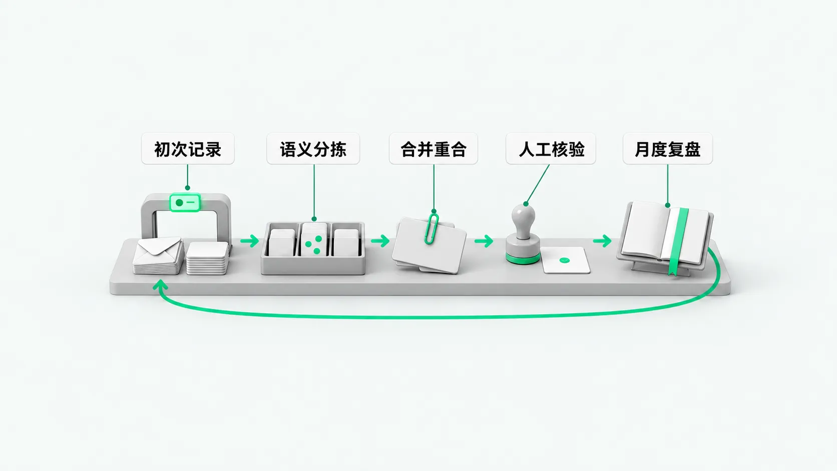 一块台面上从左到右五站，用绿色箭头相连：入口闸门旁放着信封和消息卡片、三格分拣盒、回形针夹住两张卡片、印章和带绿点的表单卡、带绿色书签的台账，台账下一条绿色回线连回入口