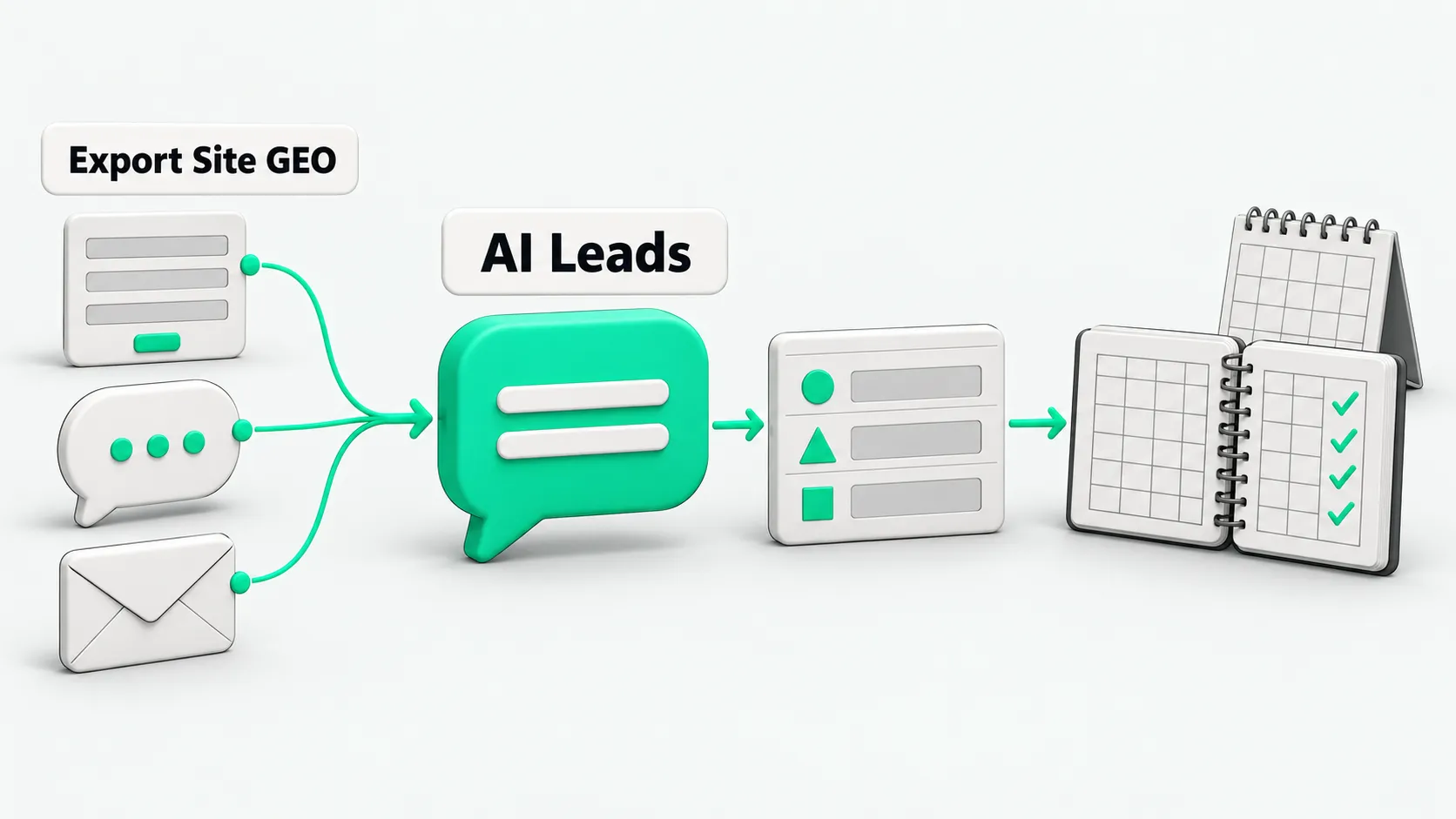 GEO and AI leads for a B2B export website: three inbound channels on the left (form, WhatsApp, email); three places to record the source in the middle (GA4, hidden fields, self-reported); on the right everything merges into a CRM with a weekly reconciliation