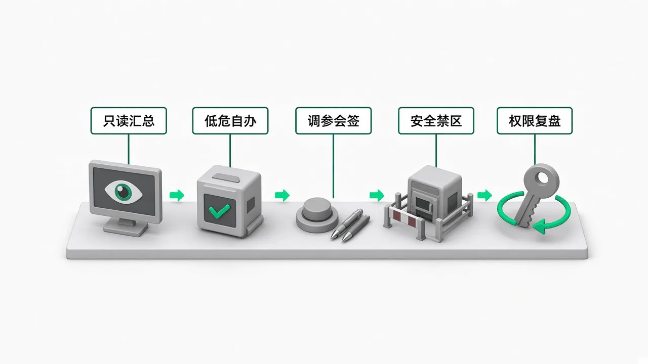 工厂常驻 Agent 分级办事五步：只读汇总、低危自办、调参会签、安全禁区、权限复盘