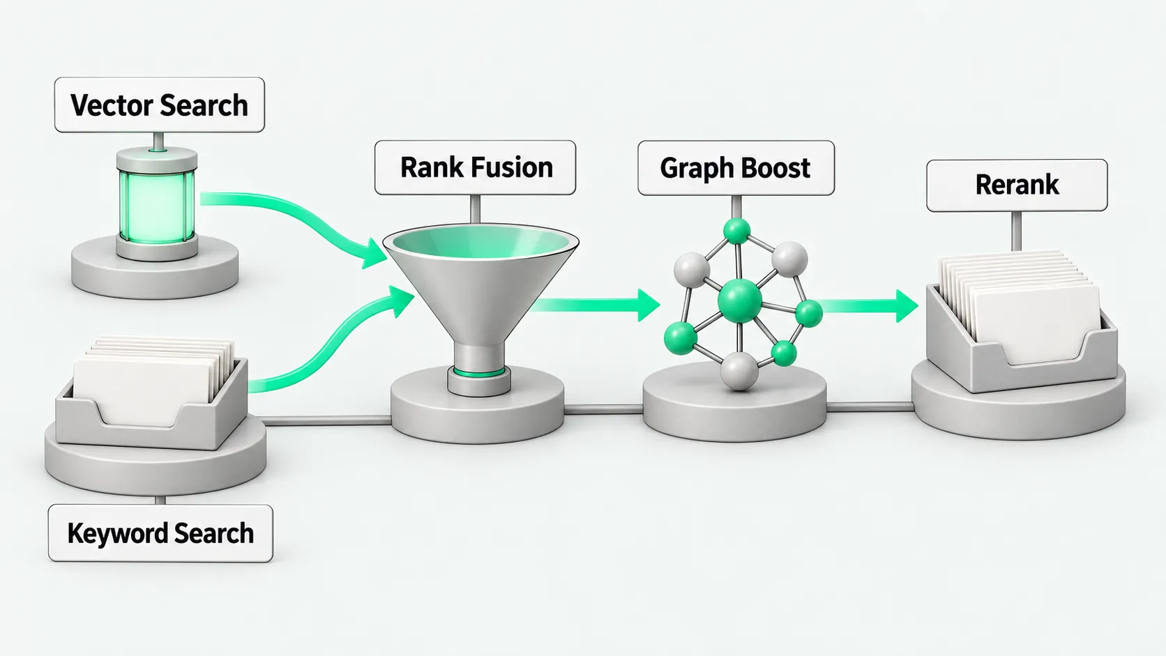 A four-stage retrieval pipeline: vector search and keyword search run in parallel, merge through rank fusion, get a knowledge graph boost, then go through reranking