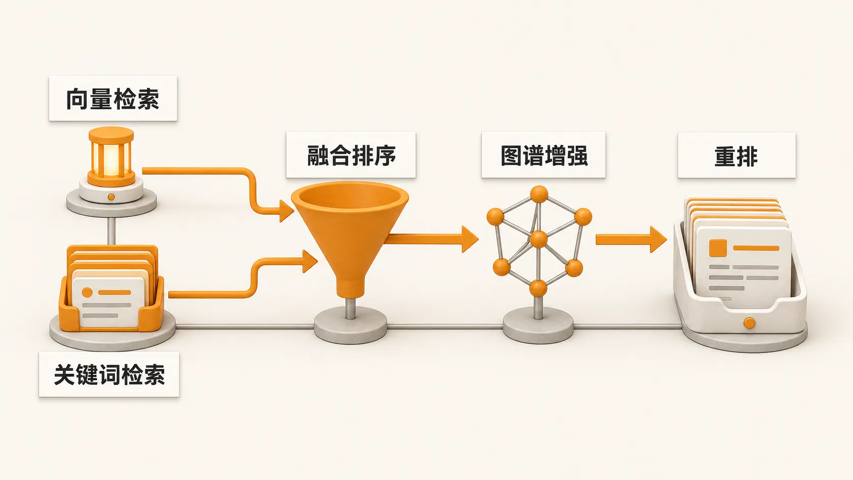 向量检索与关键词检索并行后经 RRF 融合，再叠加知识图谱信号与重排的四段式检索流程