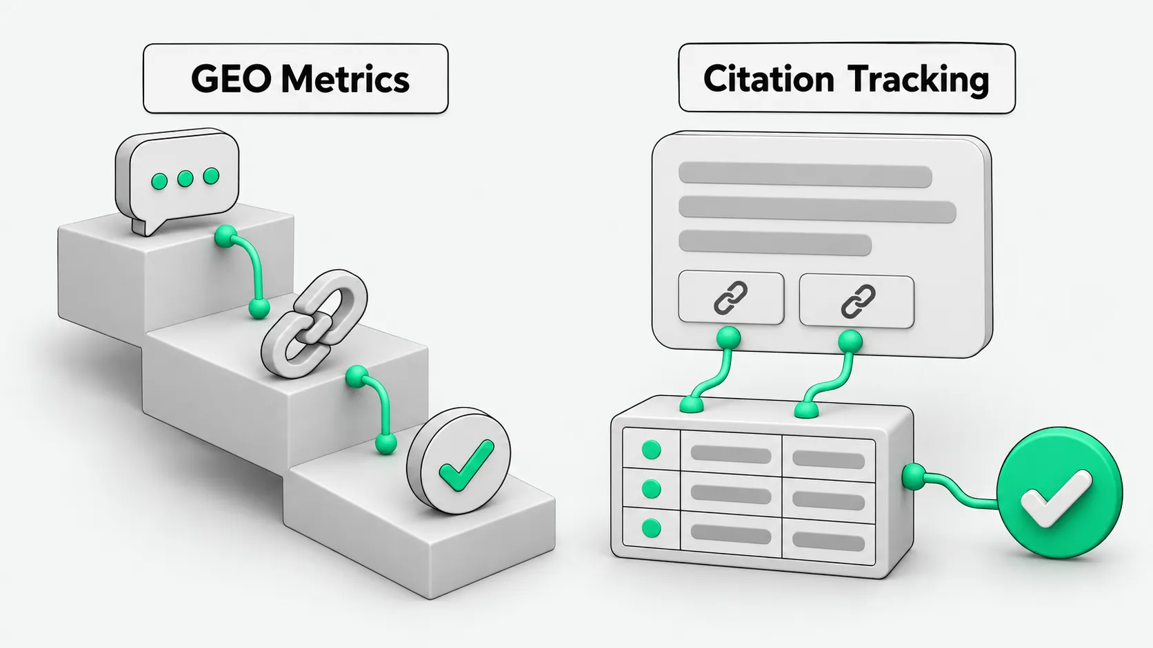 GEO metrics and citation tracking: on the left, three layers step down from mentioned to linked to recommended correctly; on the right, cited links in an AI answer feed a tracking table that leads to a confirmed result
