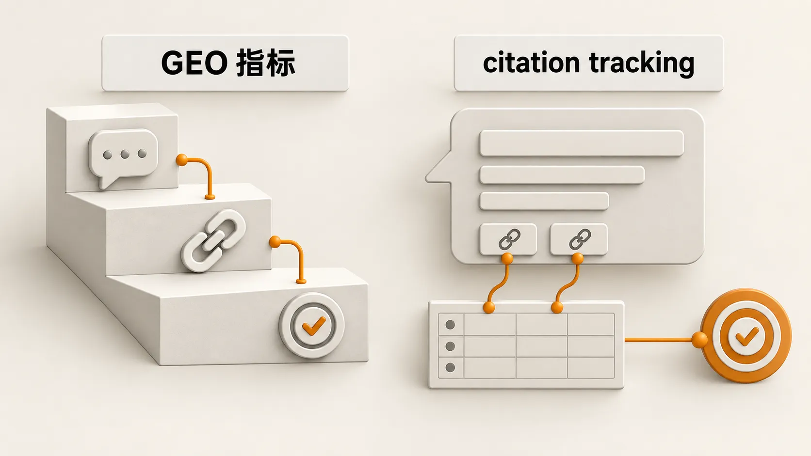 GEO 指标与 citation tracking：左边三层往下走，被提到、挂了链接、推荐对了；右边 GA4 AI 引荐会话到转化