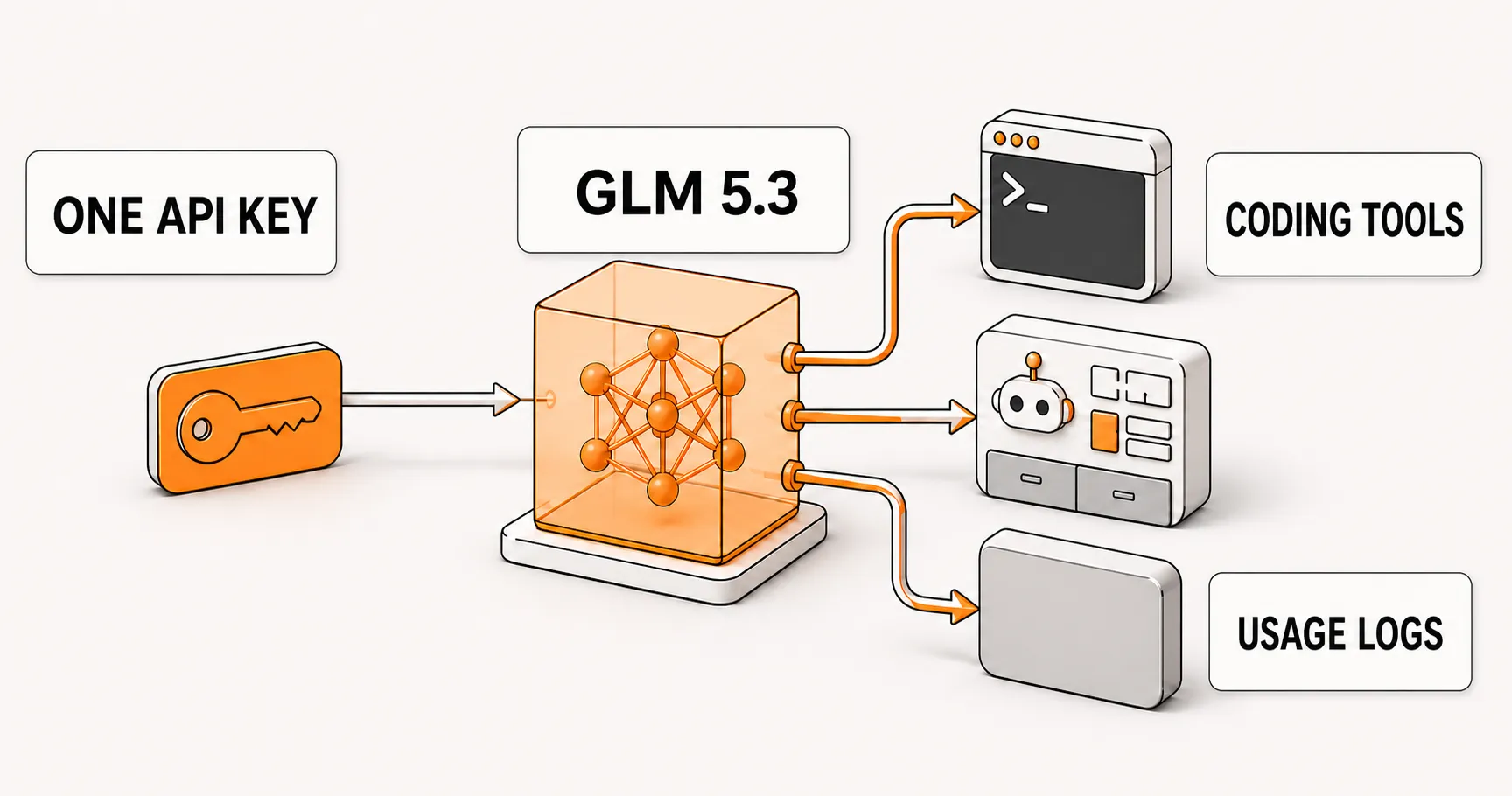 One API key enters a GLM 5.3 model hub and routes to coding tools with usage records