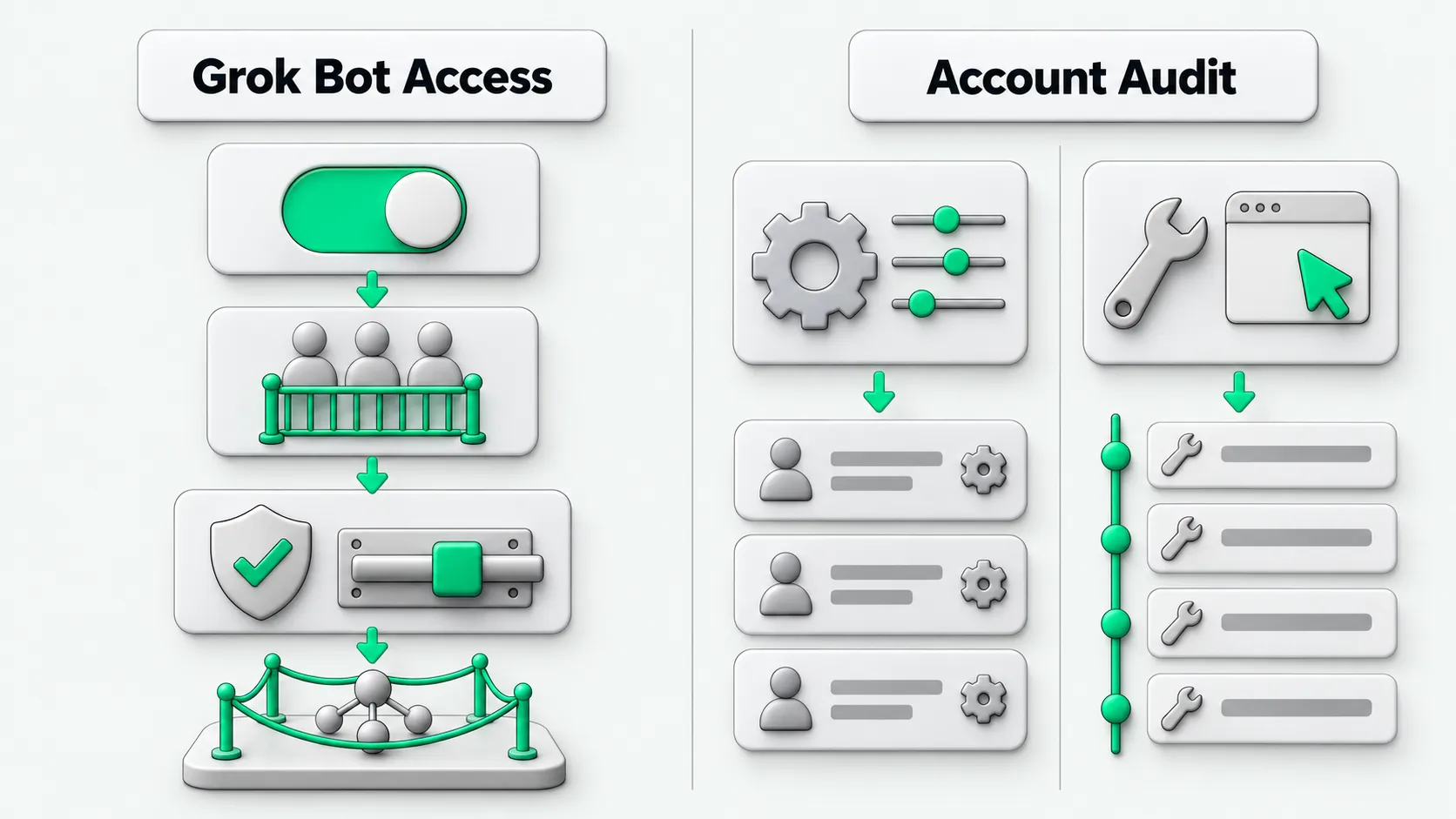 Grok Bot access and account audit. Left: enablement, group access, enforced approval, network policy. Right: the Audit Log records the control plane, Action Recording records tool actions