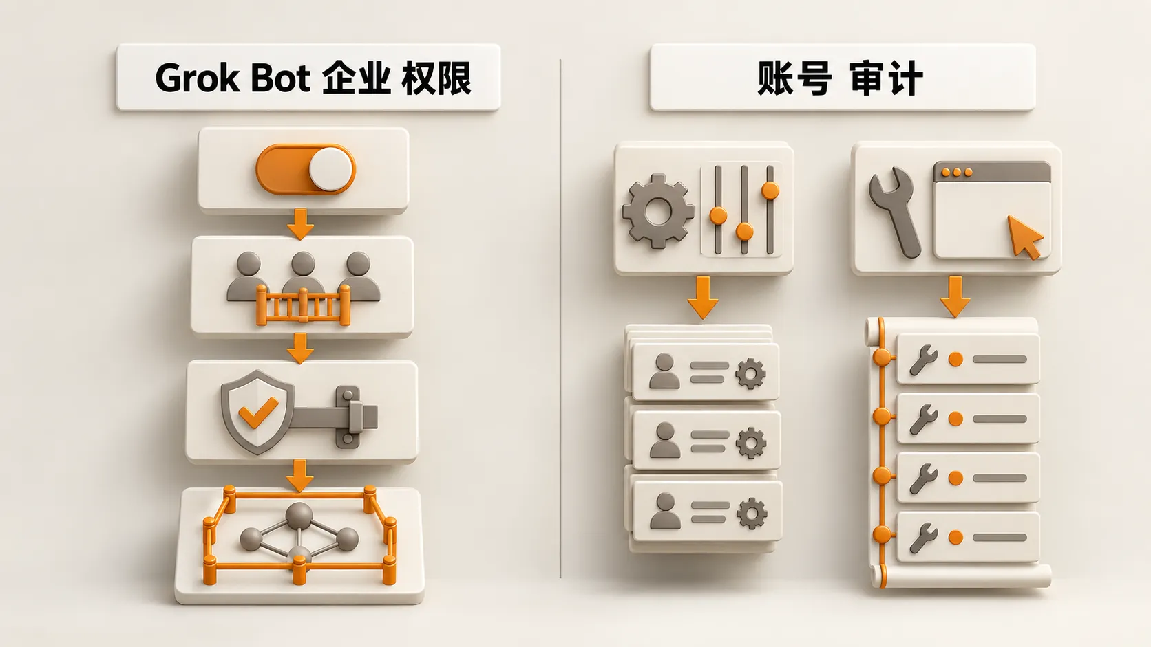 Grok Bot 企业 权限与账号 审计:左边启用、按组放行、强制审批、网络策略;右边 Audit Log 记控制面,Action Recording 记工具动作
