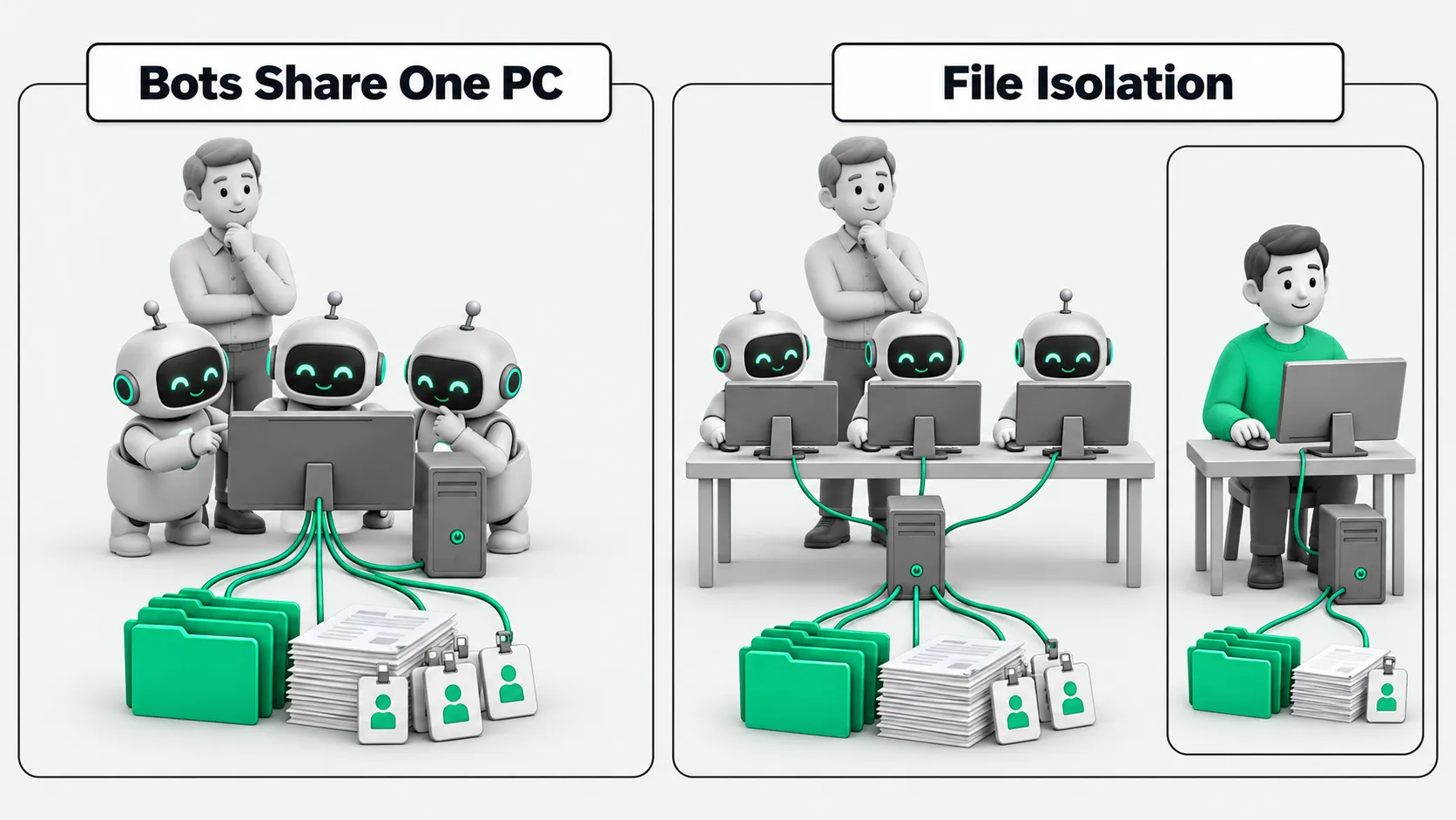 Left: several Bots on one account share the files and logins on one cloud computer. Right: each Bot has its own screen, and real isolation comes from a separate Cursor user