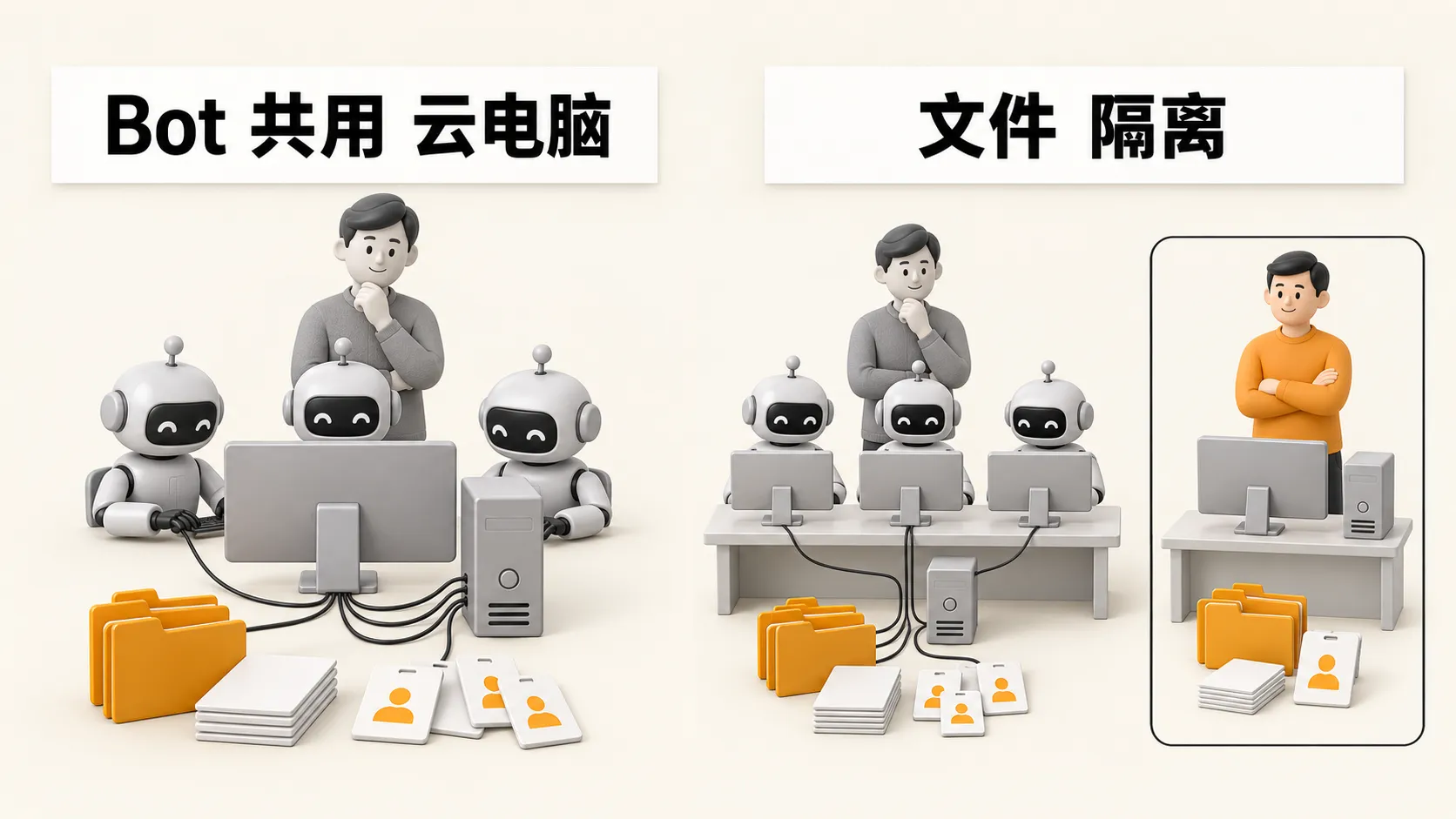 左边同一账号多只 Bot 共用一台云电脑上的文件和登录;右边每只 Bot 有自己的桌面,真正隔离是单独的 Cursor 用户