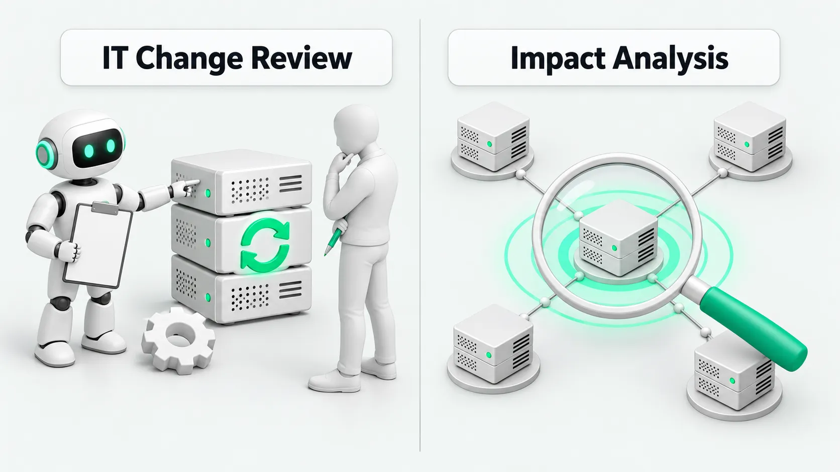 Left panel: an agent holding a checklist reviews a server stack together with a human reviewer. Right panel: a magnifying glass over one server shows which systems in the topology it affects