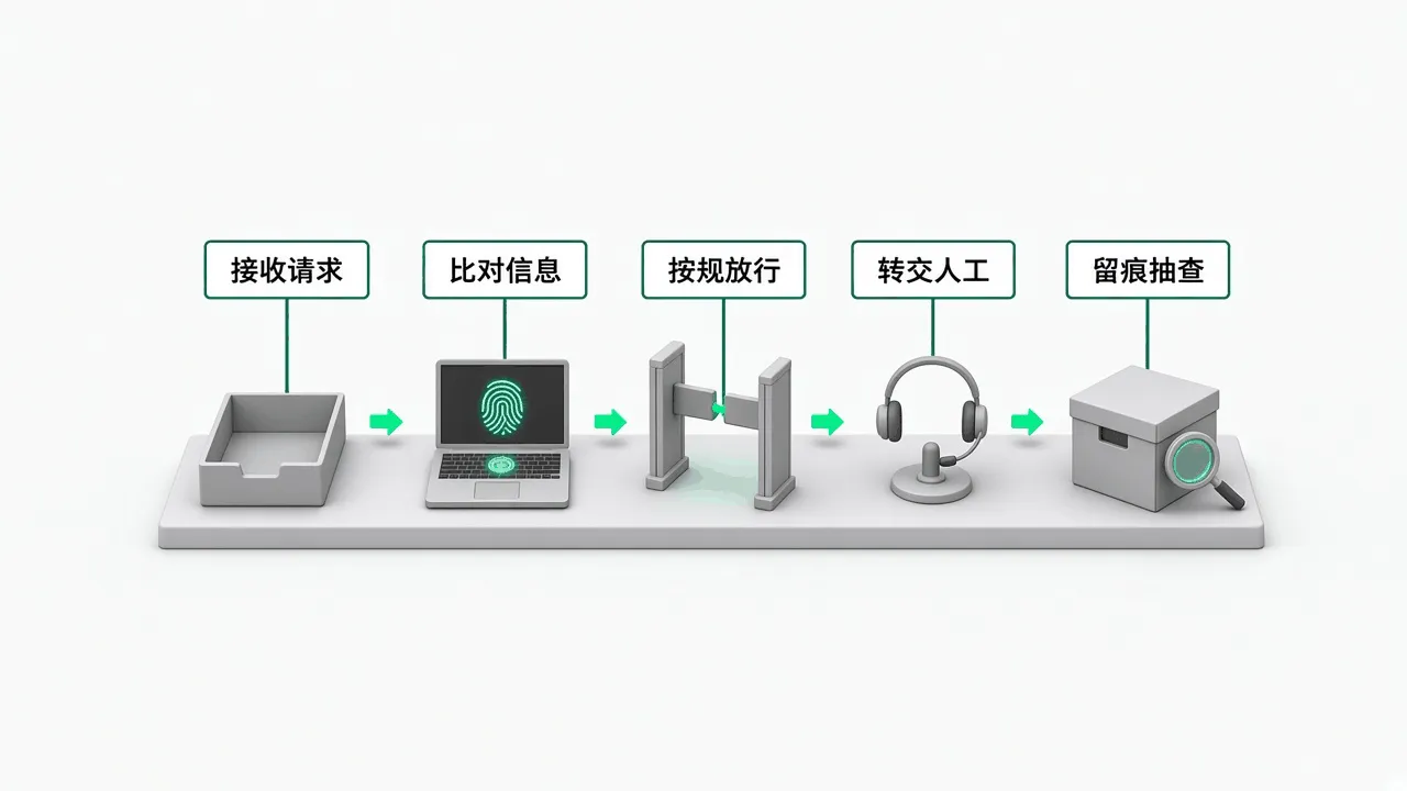 服务台 Agent 核验身份五步：接收请求、比对信息、按规放行、转交人工、留痕抽查
