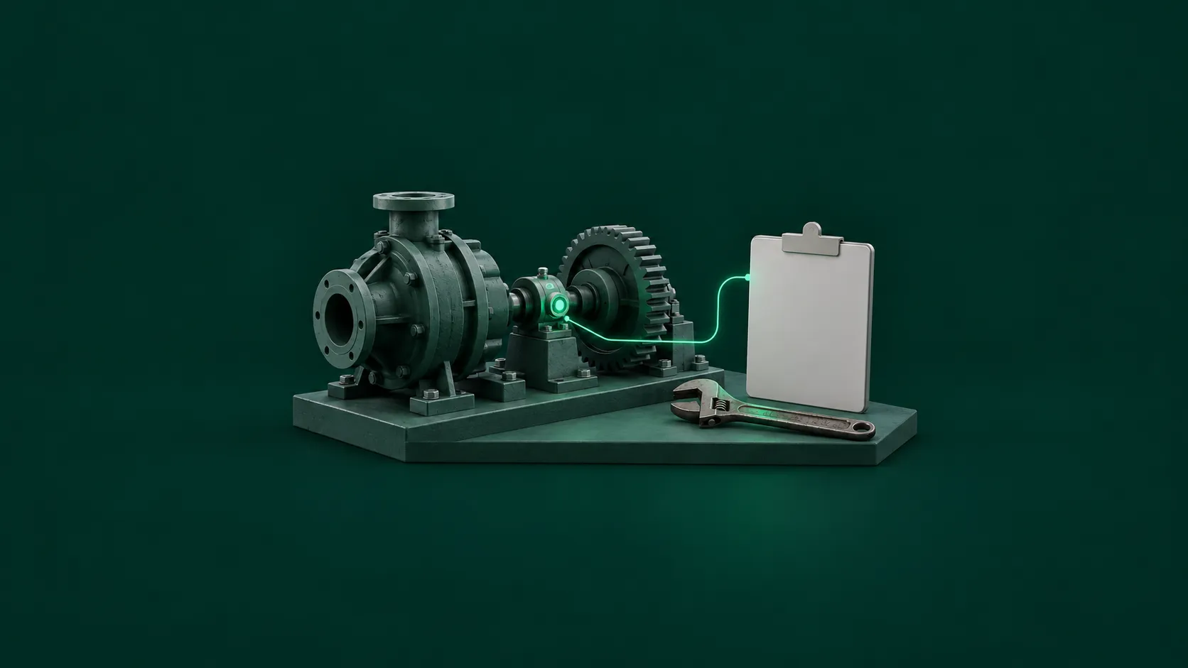 On a dark green background, the bearing housing of a pump and gear unit glows with green dots, a green line runs to a blank clipboard on the right, and an old wrench lies beside it
