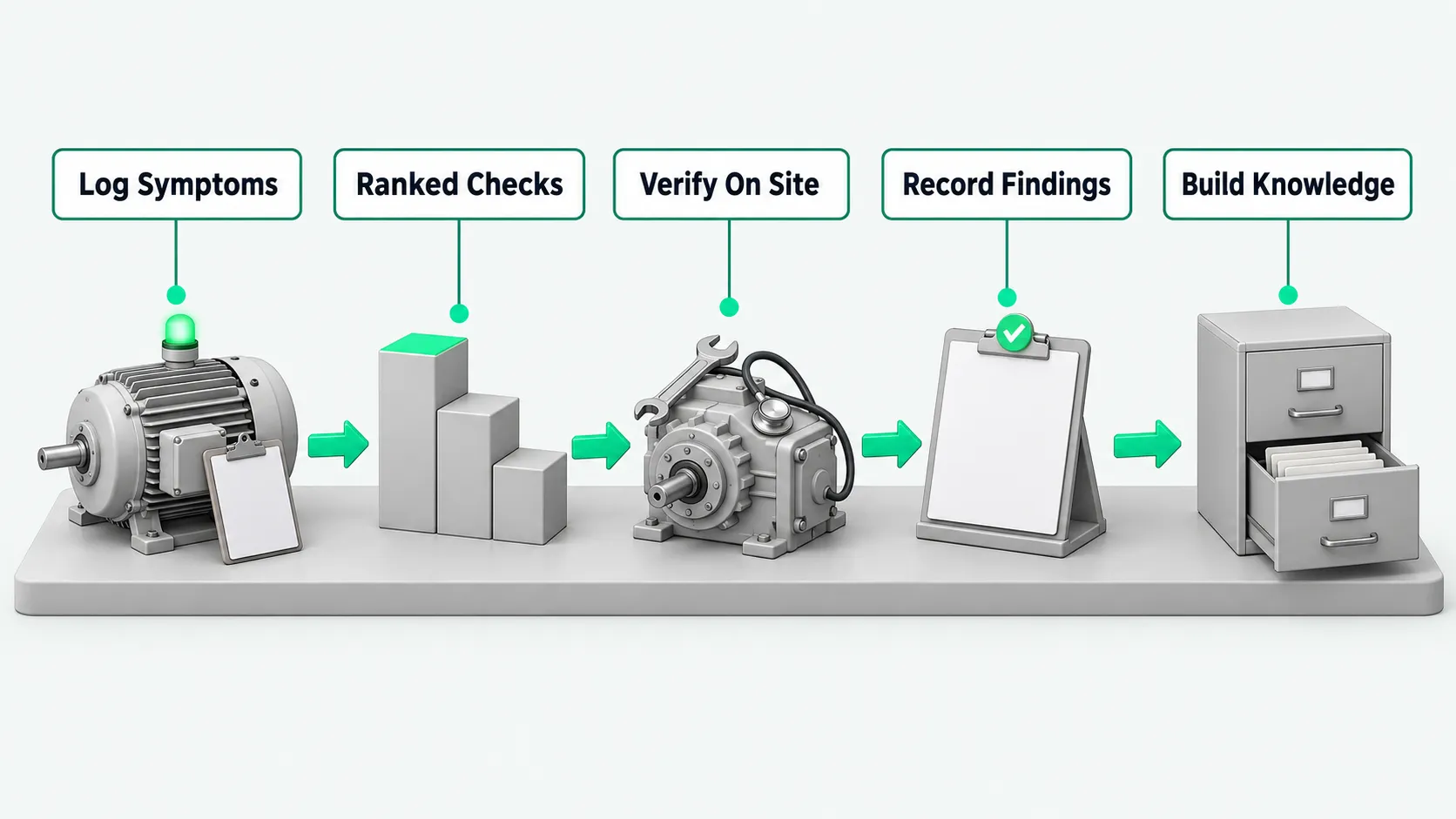 Five stations on a tabletop, left to right, linked by green arrows: a motor with a green light and a clipboard leaning on it, three blocks stepping down from tall to short, a wrench and stethoscope probe on a gearbox, a clipboard with a green checkmark, a card cabinet with a drawer pulled open