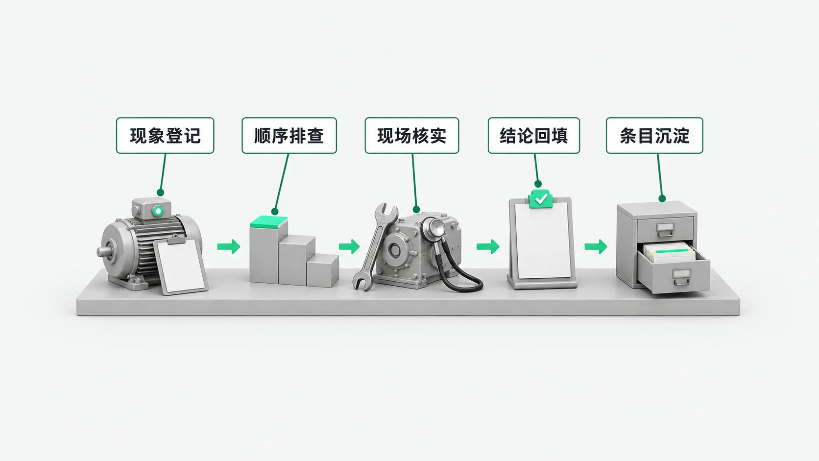 一块台面上从左到右五站,用绿色箭头相连:亮着绿灯的电机旁靠着夹板、由高到低的三级台阶、扳手和听诊探头搭在齿轮箱上、带绿色勾的工单夹板、拉开抽屉的卡片柜