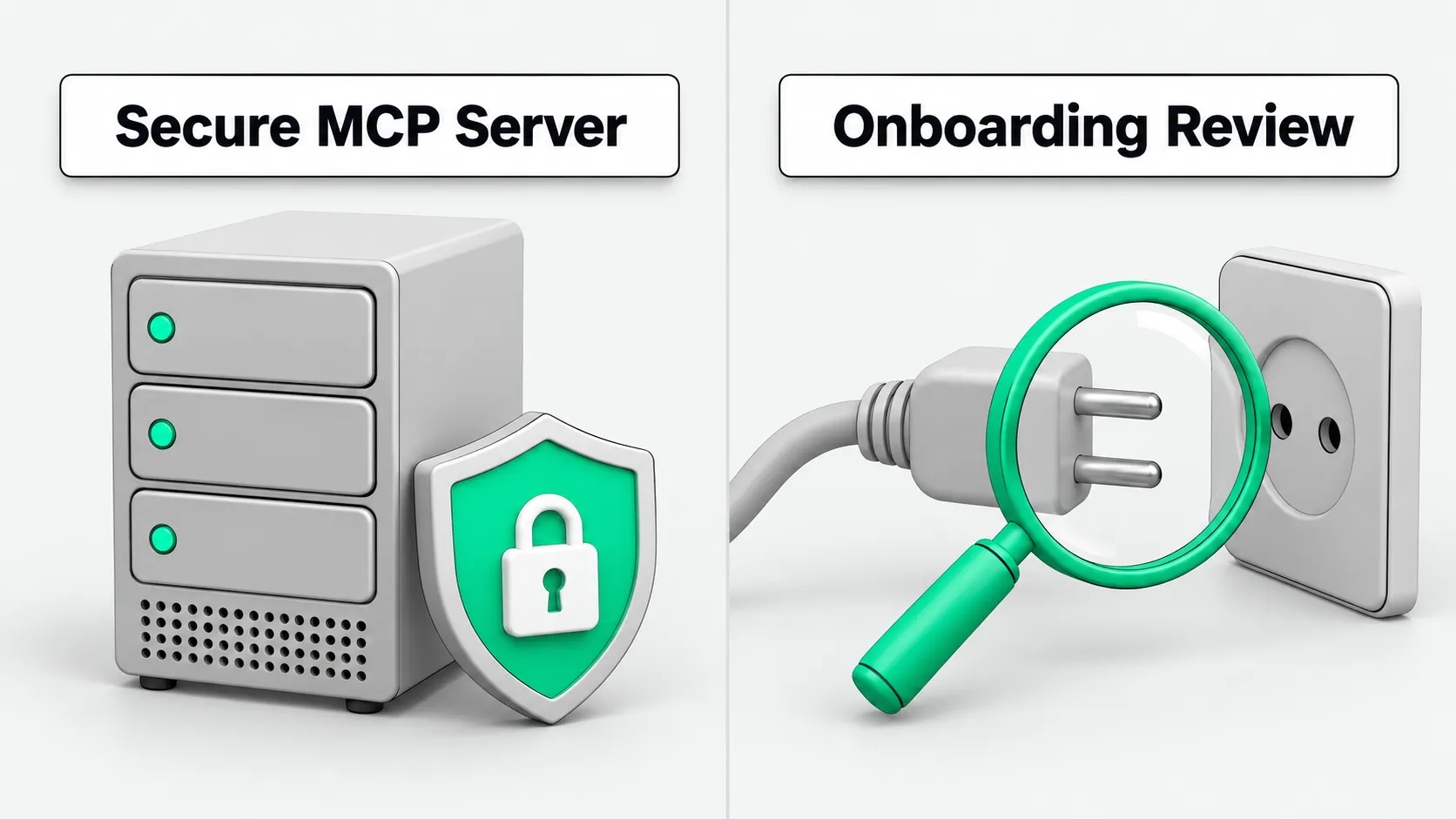 On the left, a server with a jade shield and padlock stands for MCP server security; on the right, a magnifying glass inspects a plug and socket, standing for the review before connecting
