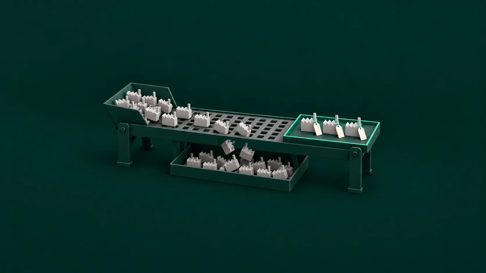 On a dark green sorting table, a stream of off-white miniature factory blocks slides in from the left; most drop through a grate into a tray below, and three that pass rest in a green-edged tray on the right, each with a blank tag