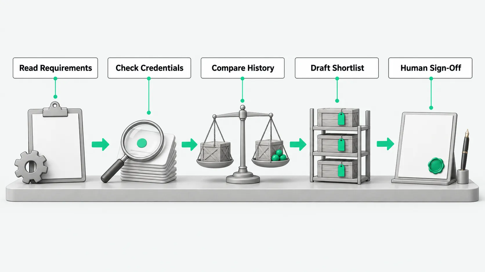 A tabletop with five stations from left to right, linked by green arrows: a clipboard spec sheet with a gear, a magnifying glass over a stack of certificate cards, a balance scale weighing two crates, a three-tier shelf with green tags, and a document with a green wax seal and a fountain pen