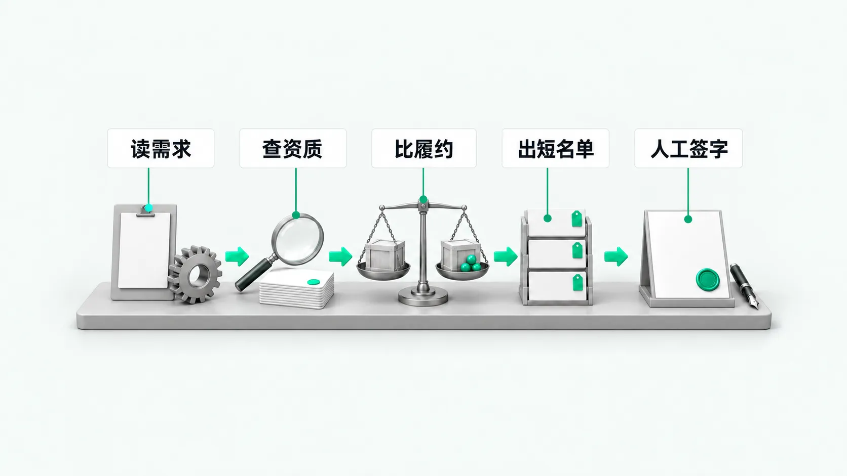 一块台面上从左到右五站，用绿色箭头相连：夹板上的规格单和齿轮、放大镜对着一叠证书卡、称两只货箱的天平、挂绿色标签的三格架子、压着绿色火漆印的文件和钢笔