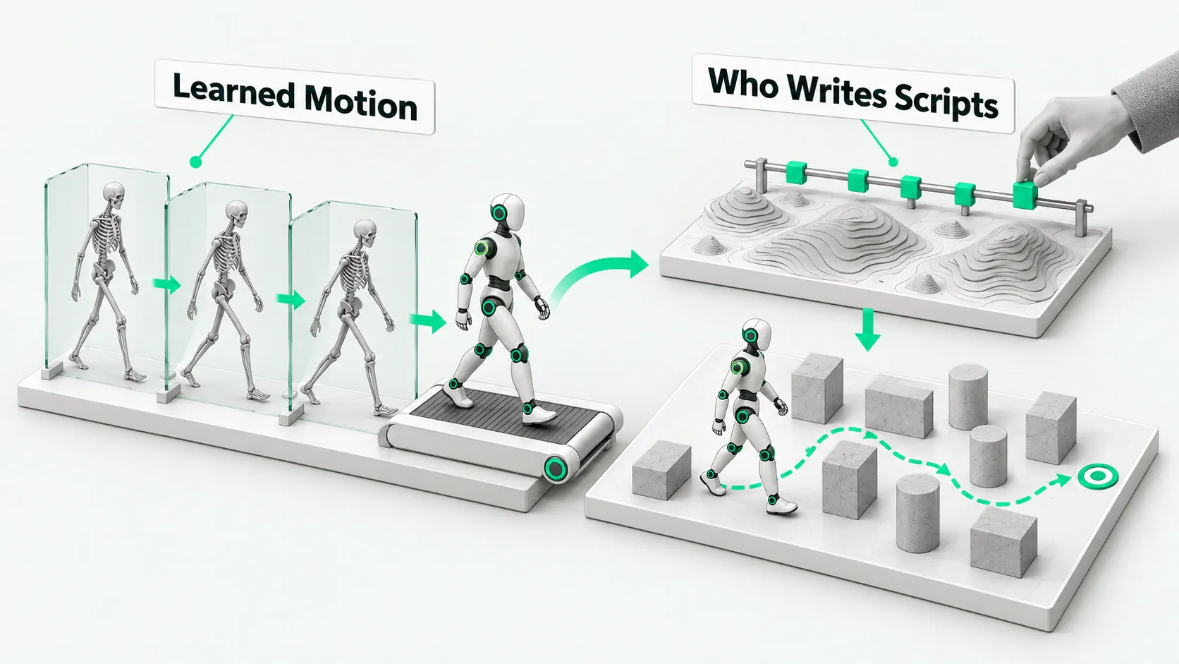 Left: reference motion tracking runs stably on a humanoid robot. Right: a person writes cost functions or keyframes for downstream tasks.