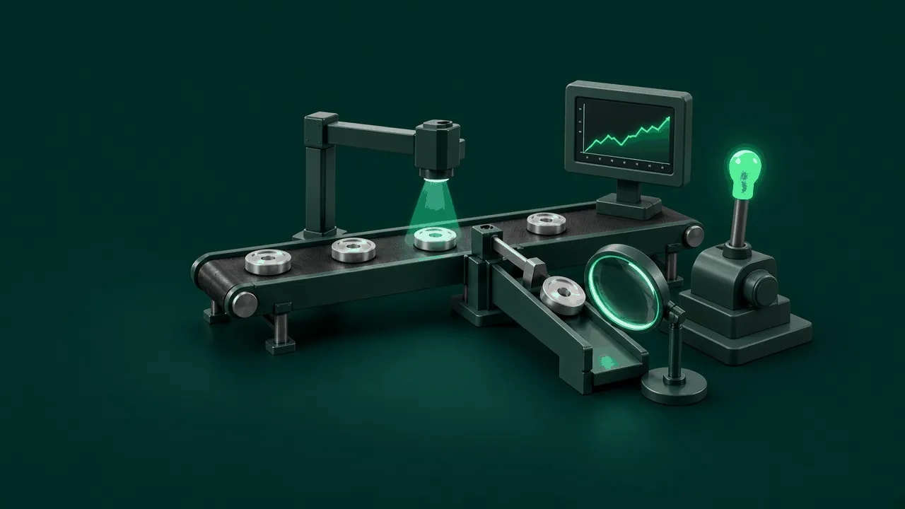 A conveyor carrying metal parts under a green scanning light, a monitor with a trend chart, a magnifier, and a stop lever with a glowing green knob, on a dark green background