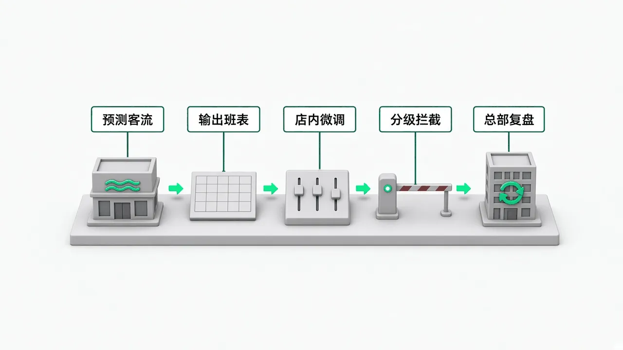 门店排班 Agent 五步：预测客流、输出班表、店内微调、分级拦截、总部复盘