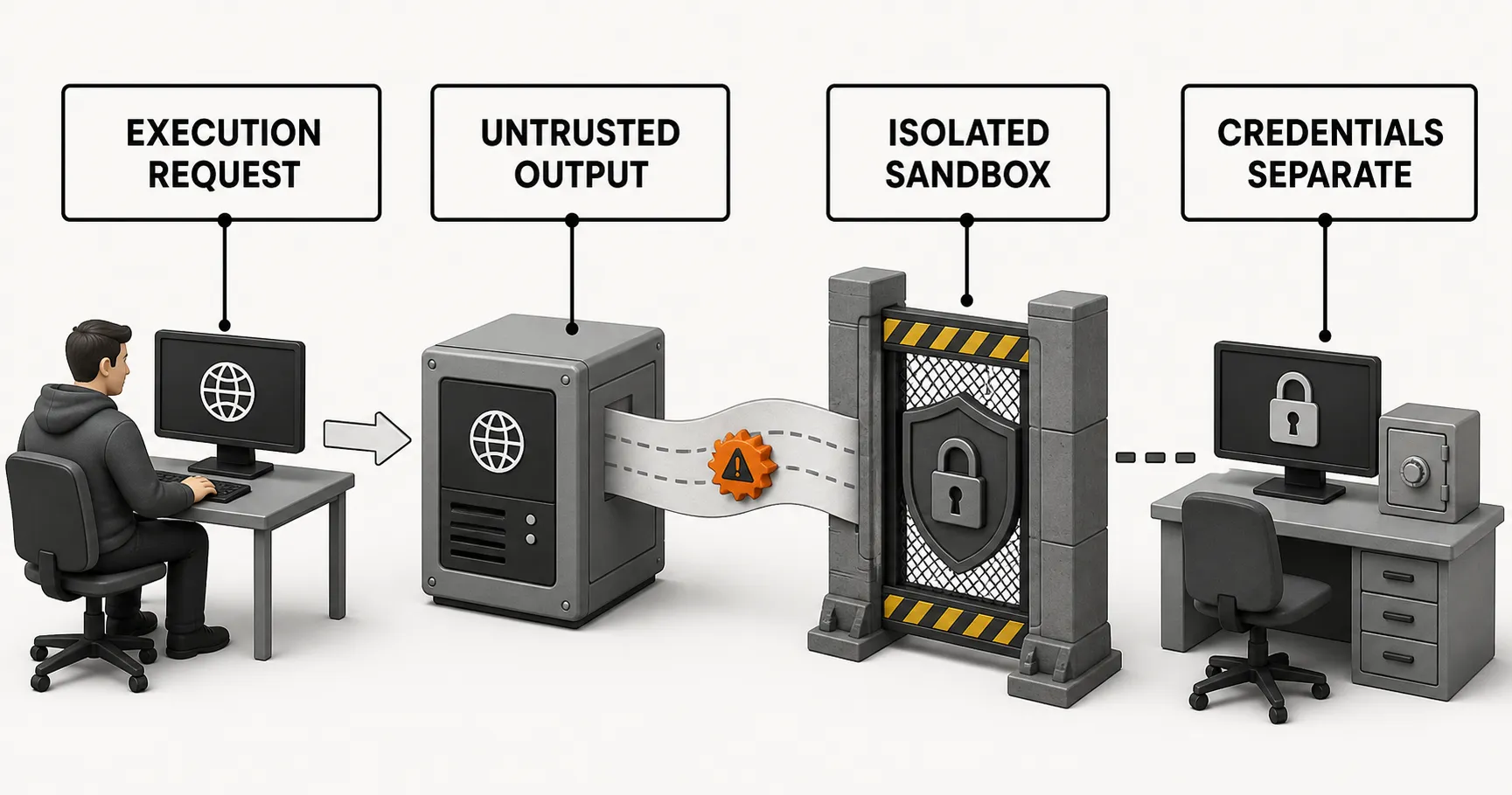 An English-labelled security pipeline showing untrusted output, an execution request, an isolated sandbox, and separated credentials