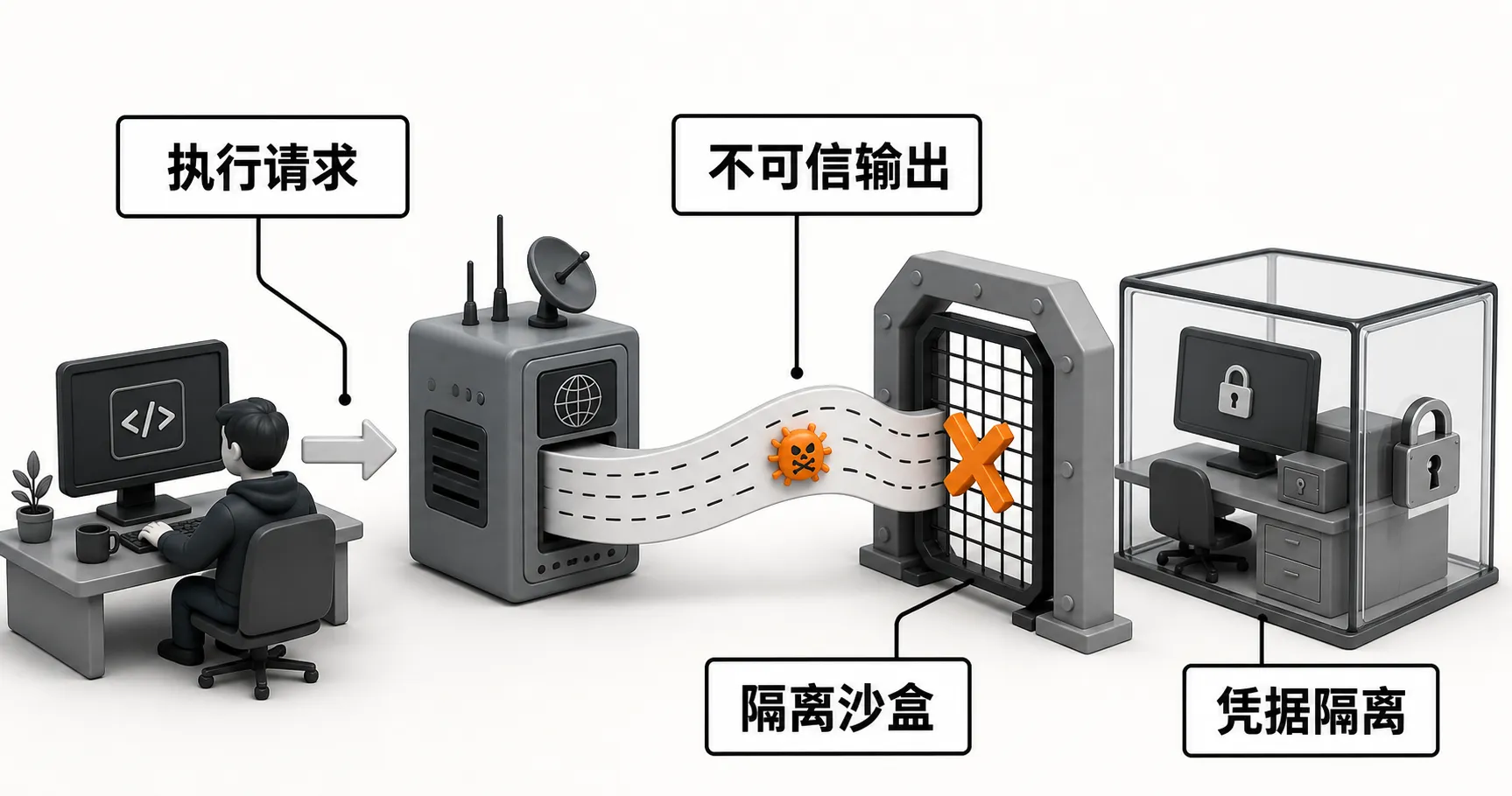 带中文标签的安全链路图，展示不可信输出、执行请求、隔离沙盒与凭据隔离
