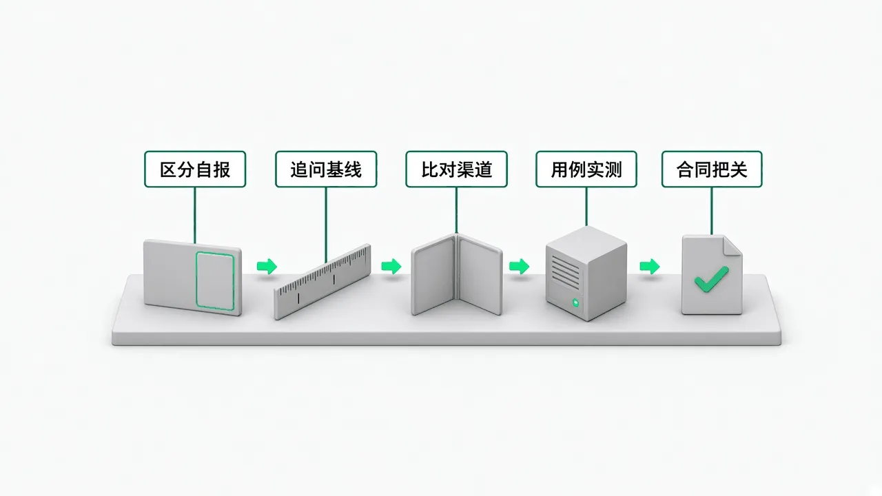 核验 AI 厂商自报数据五步：区分自报、追问基线、比对渠道、用例实测、合同把关