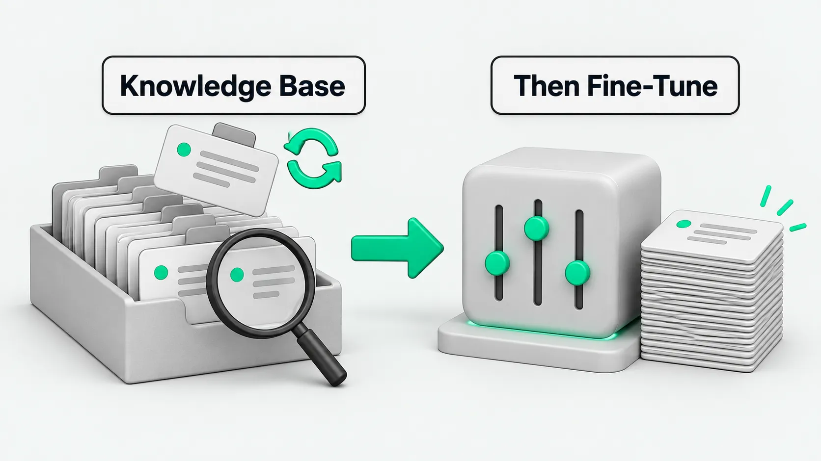 Knowledge base before vertical fine-tuning: an updatable fact library on the left, tone and task-format fine-tuning on the right