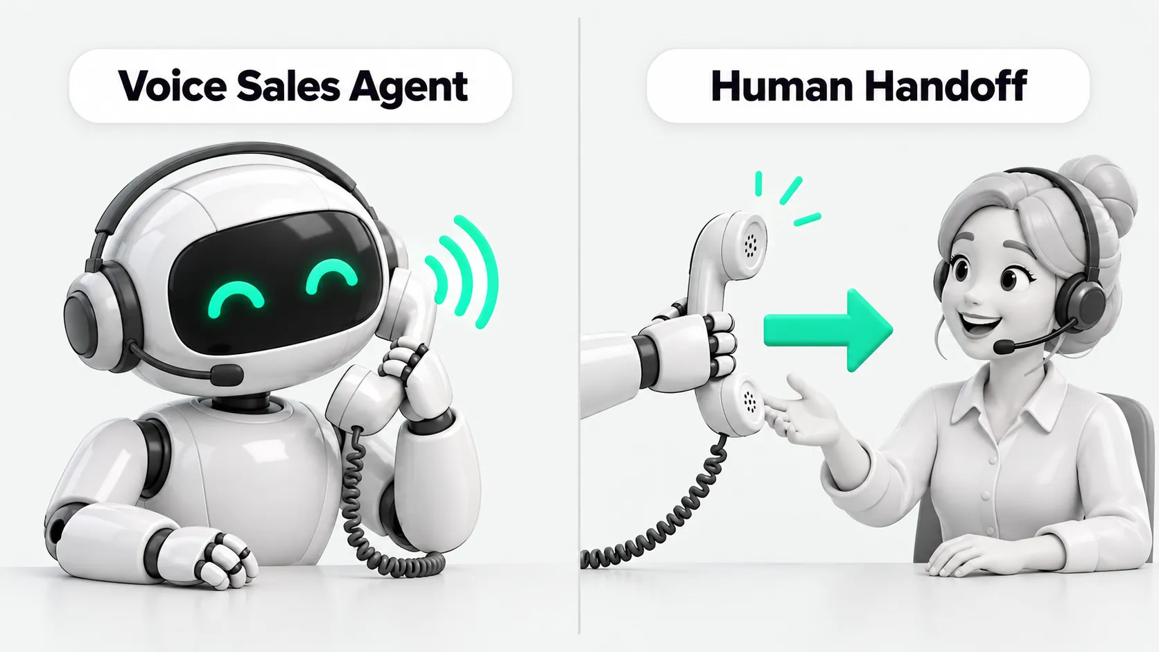 Left, a robot wearing a headset talks on the phone, representing the voice sales agent. Right, the handset moves along a jade arrow into the hand of a human call-center agent, representing the handoff to a human