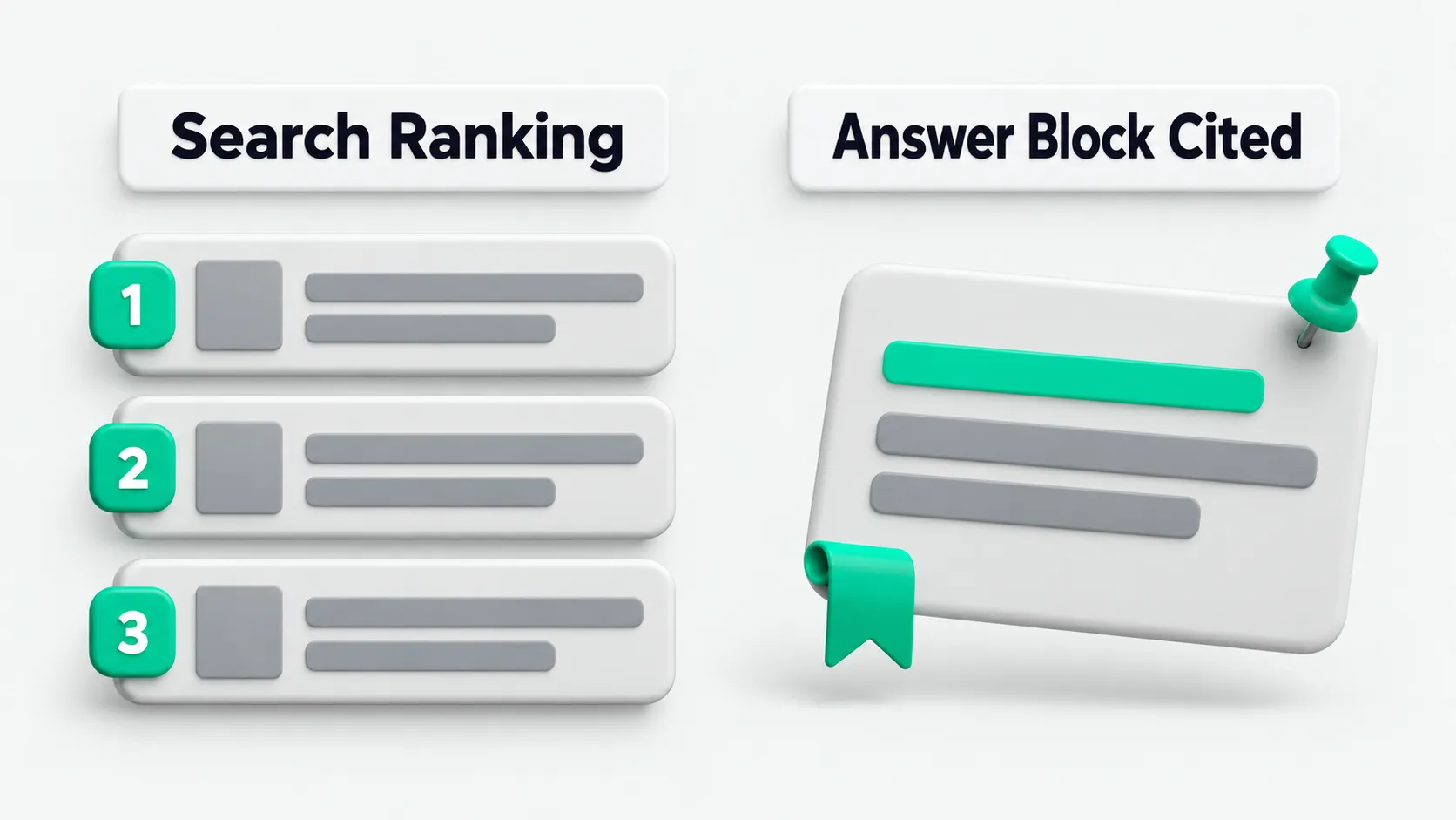 Search ranking versus a cited answer block: ranked results on the left, an extractable short answer cited by an answer engine on the right
