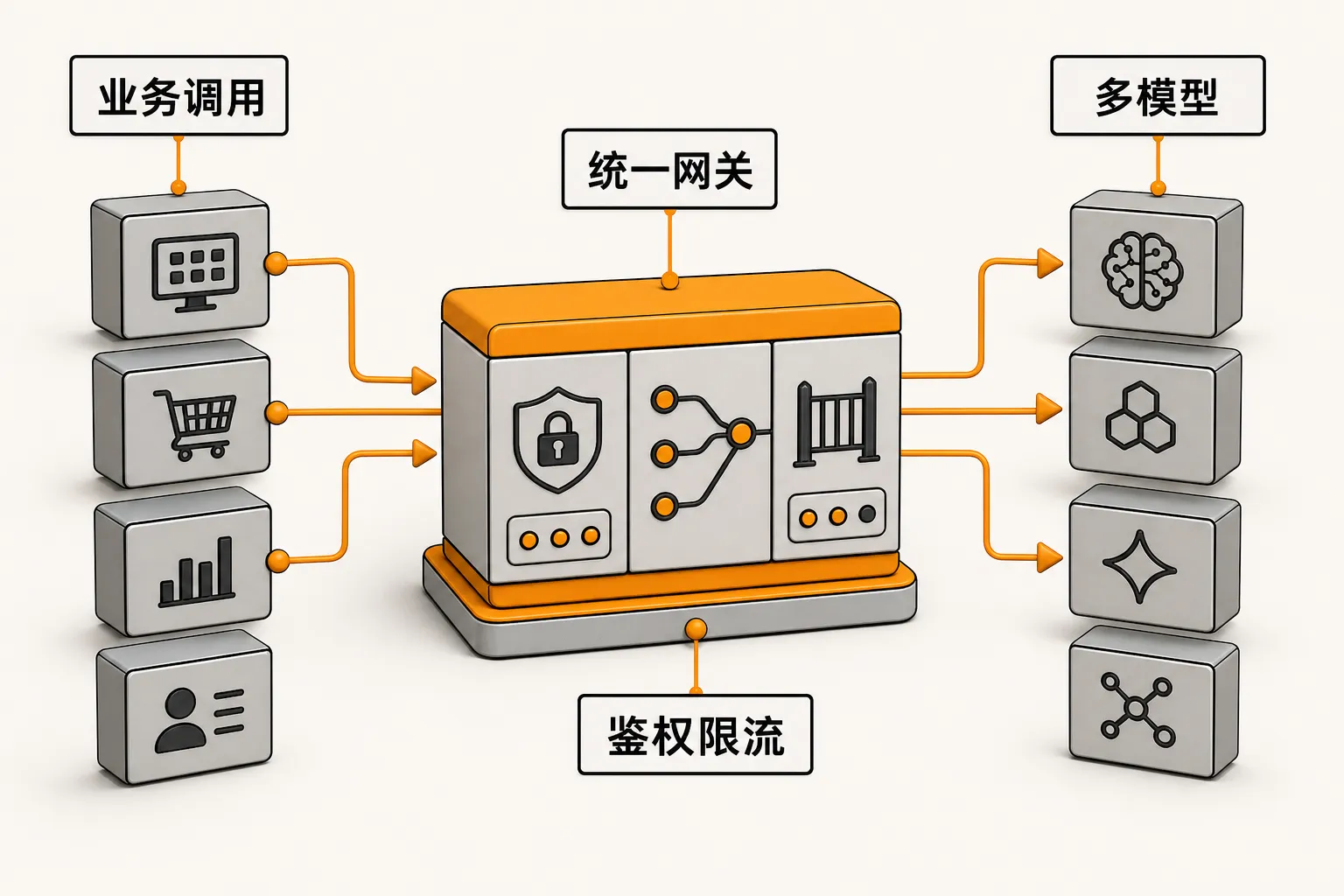 LLM API 网关作为统一入口:业务调用经鉴权、路由、限流后分发到多个模型供应商