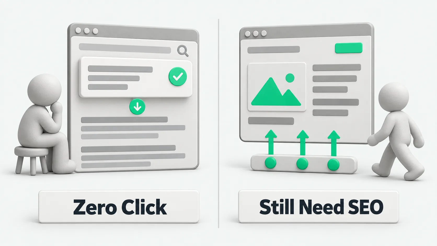 Zero click versus still needing SEO: on the left the answer stays on the results page, on the right brand and transactional queries still rely on SEO to earn clicks