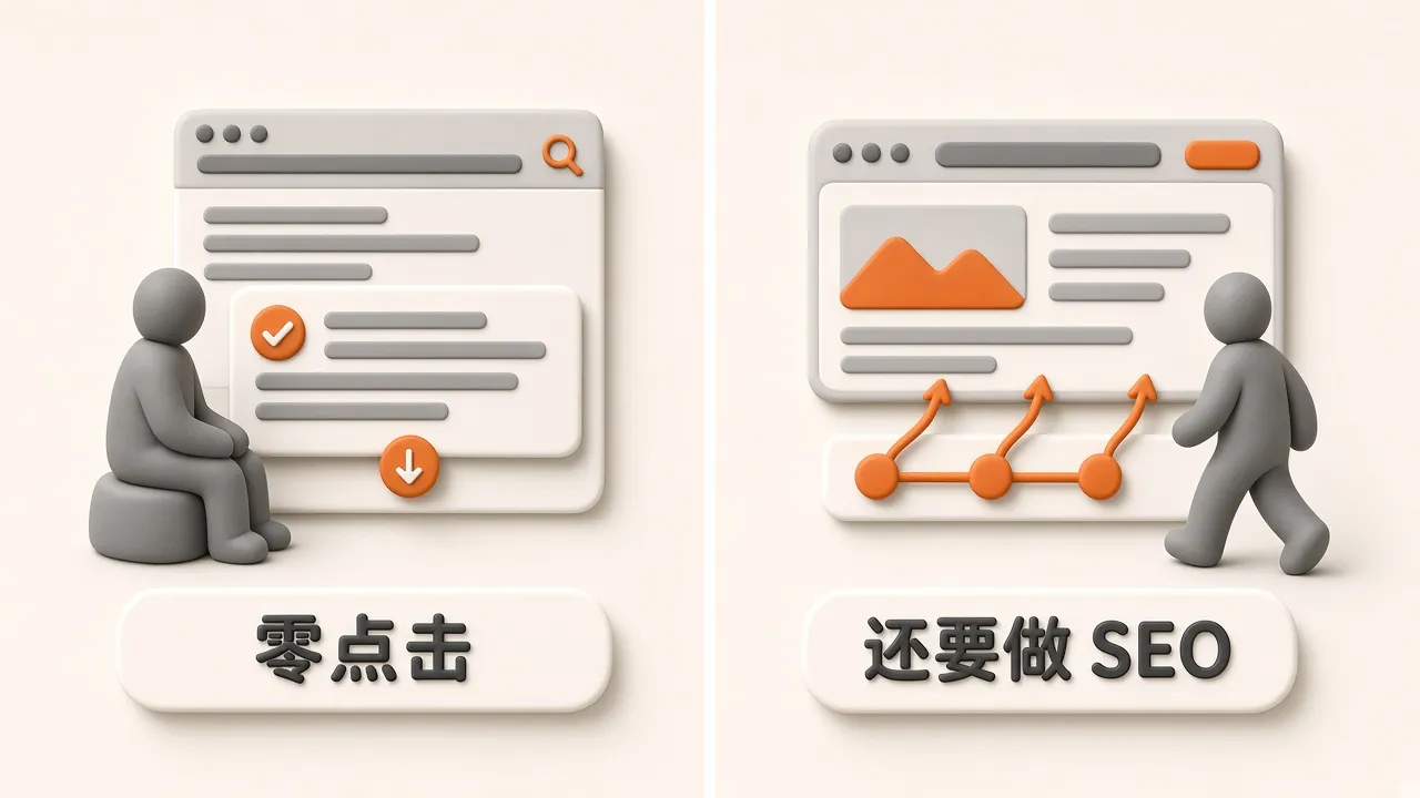 零点击与还要做 SEO：左侧答案停在结果页，右侧品牌交易词仍靠 SEO 接点击